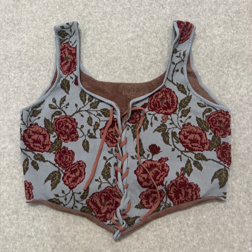 Cider Women 2XL Blue Floral Knit Lace Up Corset Crop Top Rose Jacquard